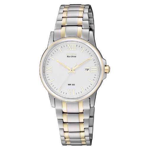 Image of mat rustfri stål med forgyldning quartz med Eco-Drive Dame ur fra Citizen